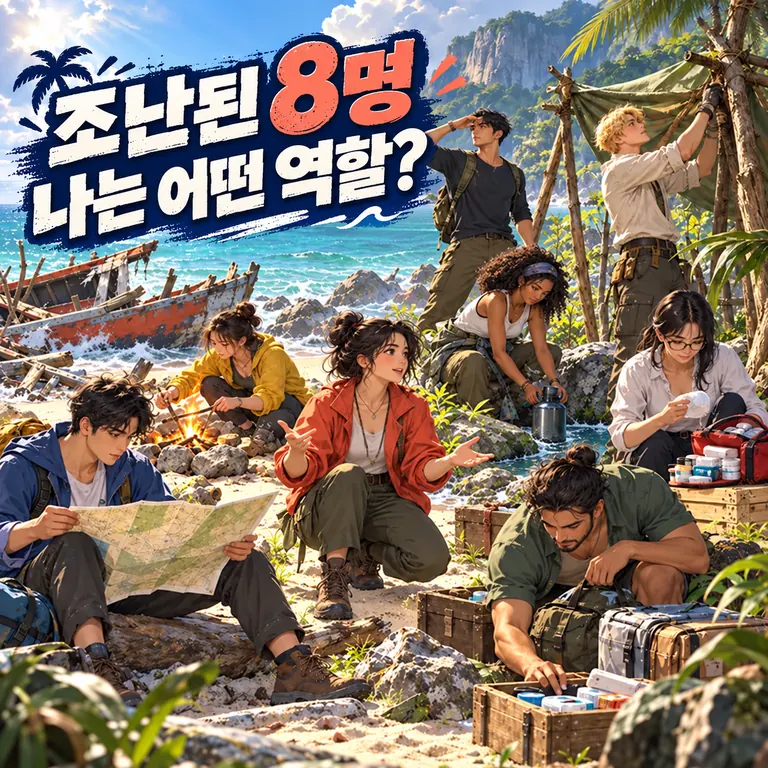 섬에 조난된 여덟 명이 각자의 생존 역할을 수행하는 모습